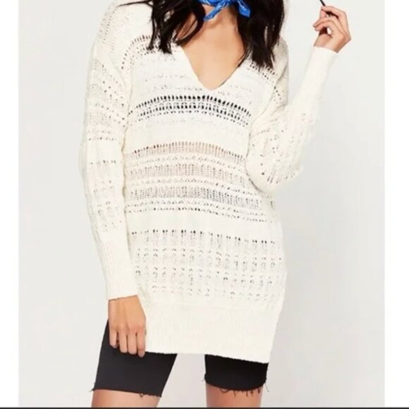 Free People Hot Tropics V-Neck Open Knit Pullover Sweater Size L Boho Beachy - Picture 1 of 10